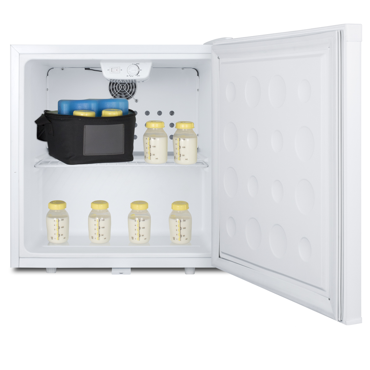 Compact 1.7 cu.ft. all-refrigerator for breast milk storage in white with automatic defrost, front lock, and flat door liner